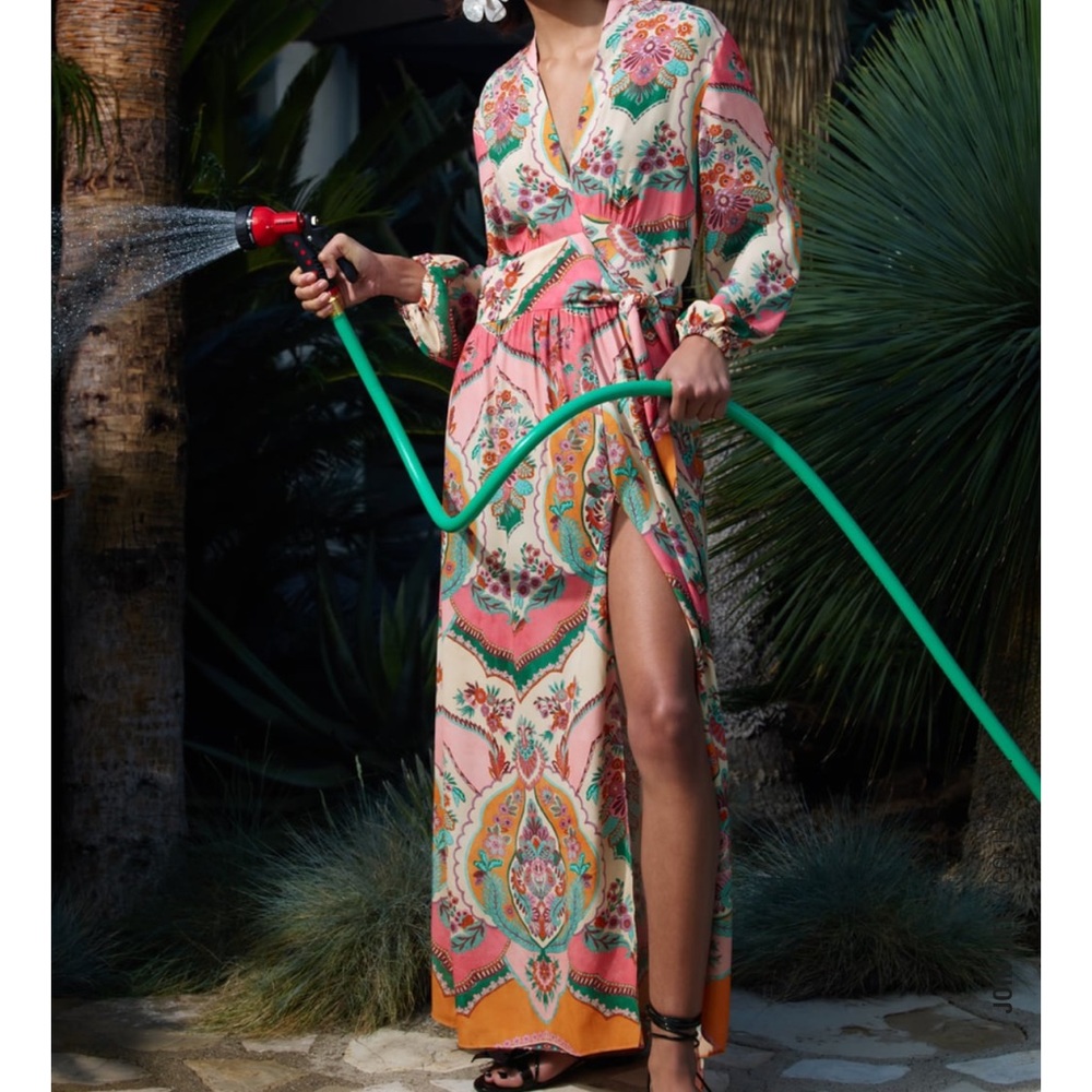 Zara printed midi wrap dress balloon sleeves
